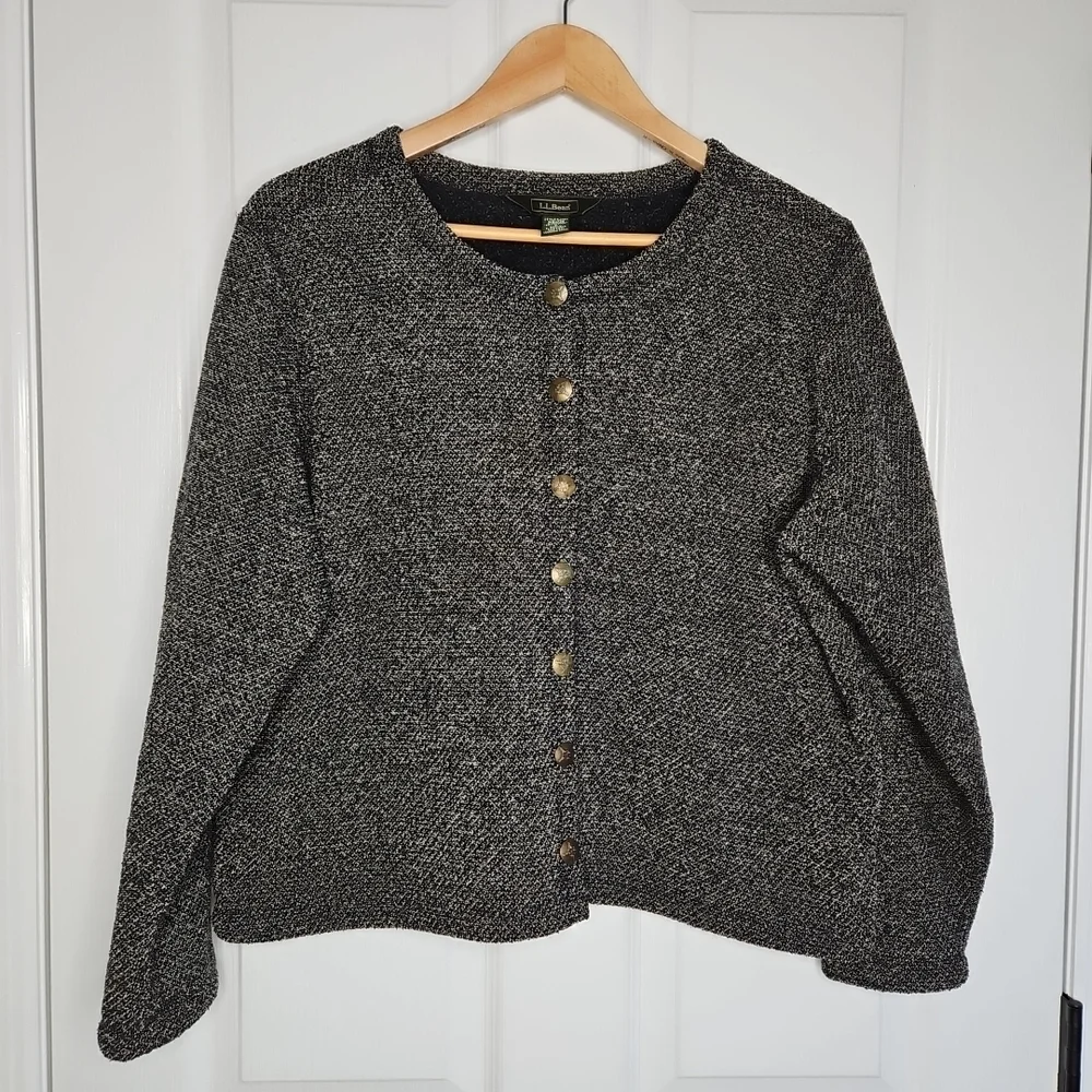 LL Bean Button Front Fleece Cardigan Sweater Jacket Size L Womens Black Tan Cozy - Picture 1 of 8